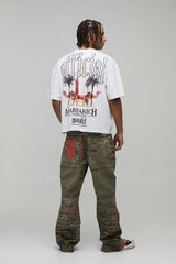 All Over Printed Relaxed Flared Rope Belted Jeans