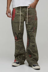 All Over Printed Relaxed Flared Rope Belted Jeans