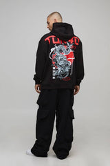 Black Oversized Tokyo Spine Dragon Printed Hoodie