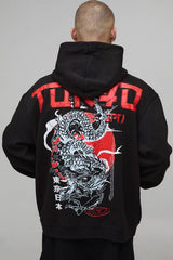 Black Oversized Tokyo Spine Dragon Printed Hoodie