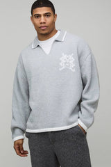 Oversized Boxy V Neck Mixed Boucle Polo Jumper