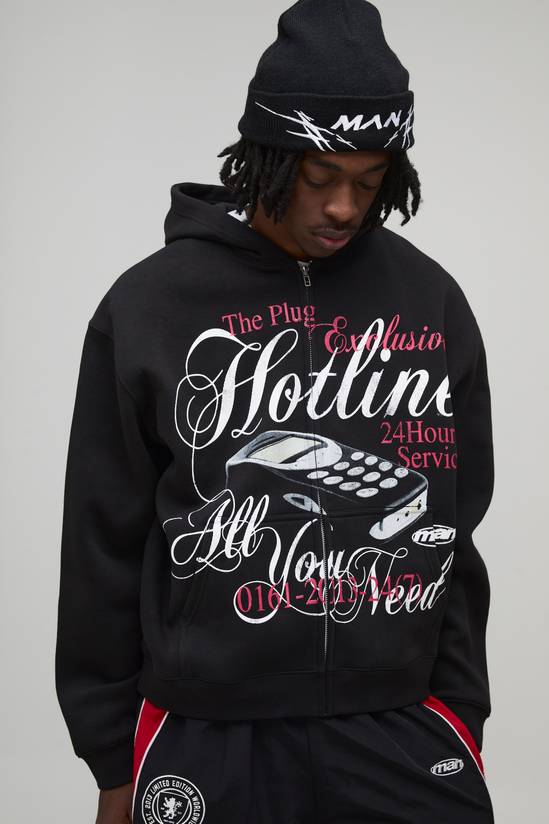 Black Oversized Boxy Hotline Graphic Zip Through Hoodie