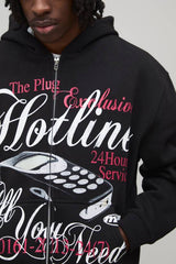 Black Oversized Boxy Hotline Graphic Zip Through Hoodie