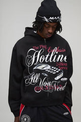 Black Oversized Boxy Hotline Graphic Zip Through Hoodie