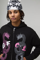 Black Oversized Boxy Dragon Puff Print Zip Through Hoodie