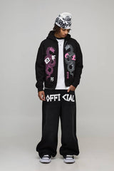 Black Oversized Boxy Dragon Puff Print Zip Through Hoodie