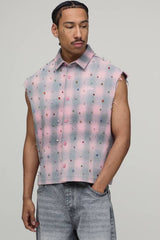 Oversized Boxy Sleeveless Raw Seam Jewel Shirt