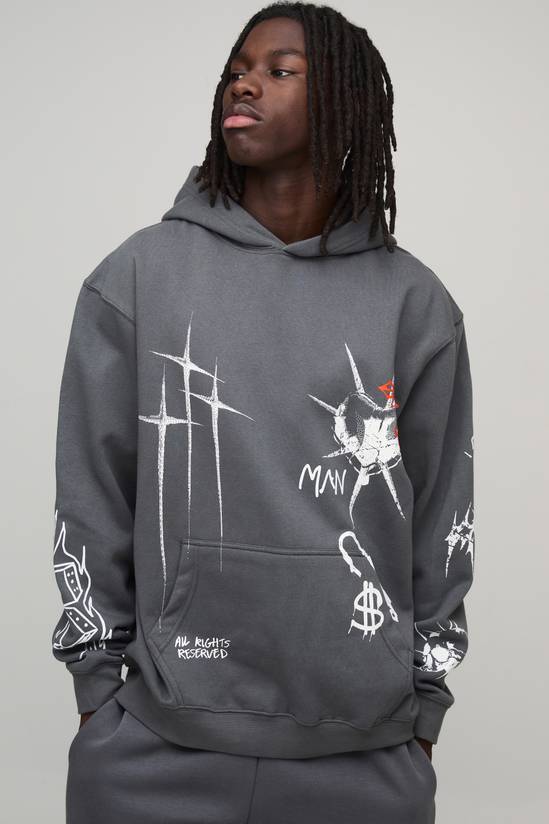 Charcoal Oversized Graffiti Tattoo Printed Hoodie