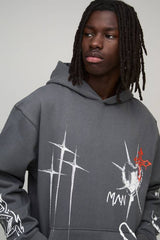 Charcoal Oversized Graffiti Tattoo Printed Hoodie