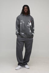 Charcoal Oversized Graffiti Tattoo Printed Hoodie