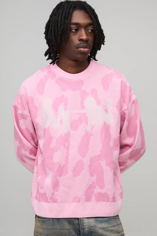 Oversized Boxy Ribbed Camo Graphic Knitted Jumper