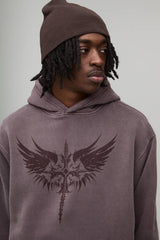 Washed Chocolate Oversized Tonal Gothic Print Hoodie
