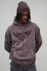 Washed Chocolate Oversized Tonal Gothic Print Hoodie