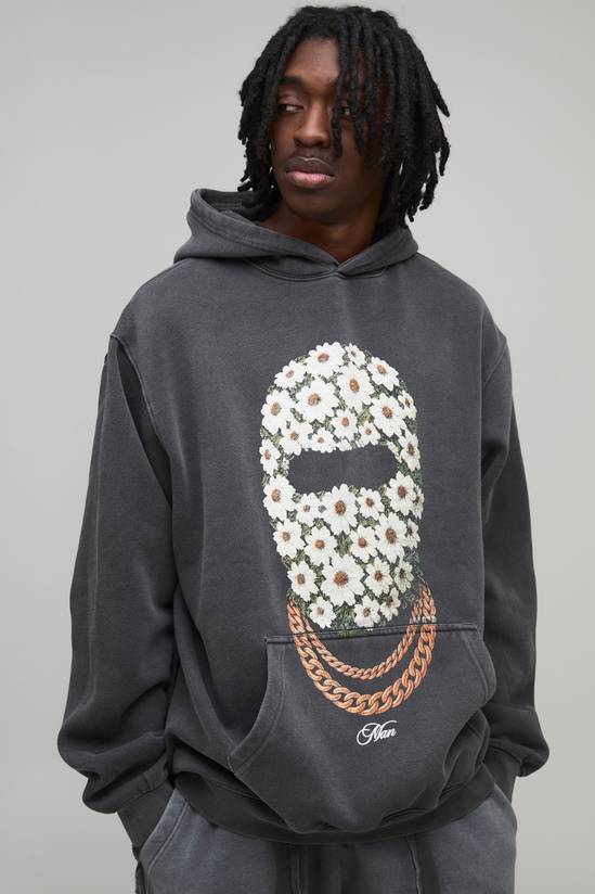 Oversized Man Daisy Ski Mask Washed Printed Hoodie