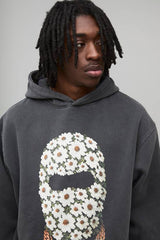 Oversized Man Daisy Ski Mask Washed Printed Hoodie