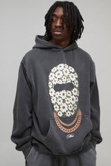 Oversized Man Daisy Ski Mask Washed Printed Hoodie