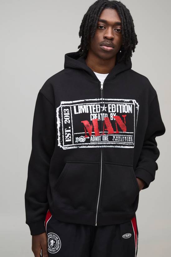 Black Oversized Boxy Heavyweight Graphic Zip Through Hoodie