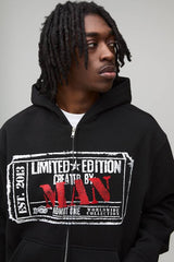 Black Oversized Boxy Heavyweight Graphic Zip Through Hoodie