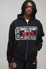 Black Oversized Boxy Heavyweight Graphic Zip Through Hoodie