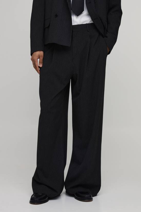 Pinstripe Wide Leg Pleat Front Tailored Trousers