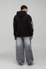 Black Oversized Floral Puff Print Hoodie