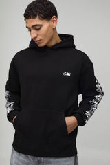 Black Oversized Floral Puff Print Hoodie