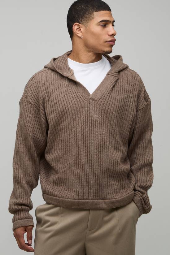 Relaxed Boxy Ribbed Knitted Hoodie