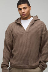 Relaxed Boxy Ribbed Knitted Hoodie