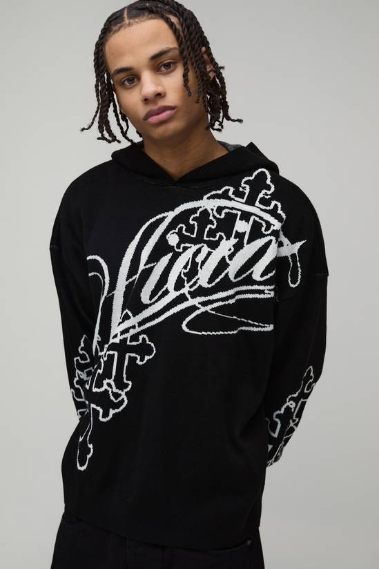 Oversized Cross Jacquard Knitted Hoodie