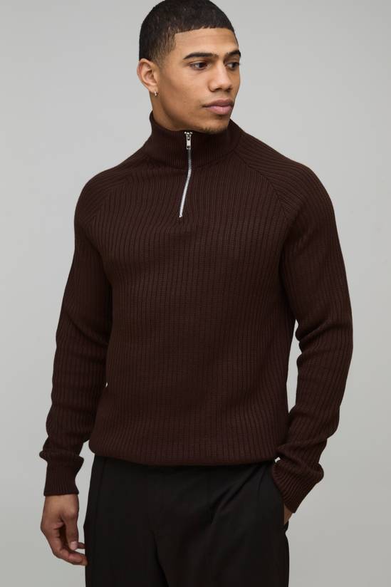 Regular Fit 1/4 Zip Raglan Funnel Neck Jumper