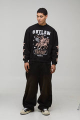 Black Oversized Boxy Wild West Print Extended Neck Sweatshirt