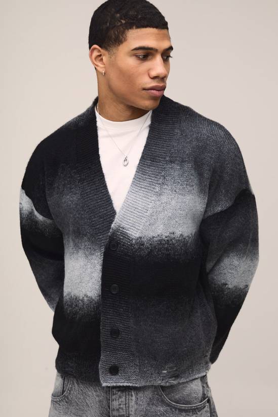 Relaxed Boxy Ombre Distressed Knitted Cardigan