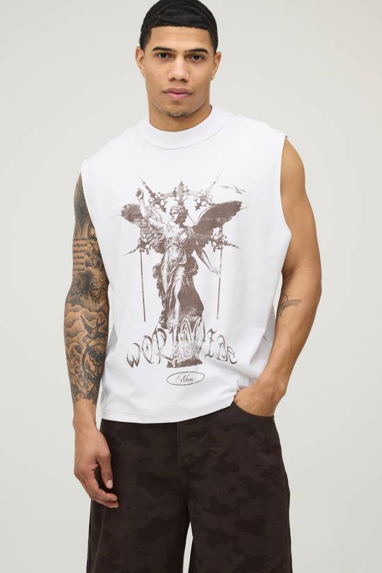 White Oversized Boxy Exposed Seam Renaissance Print Tank