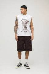 White Oversized Boxy Exposed Seam Renaissance Print Tank