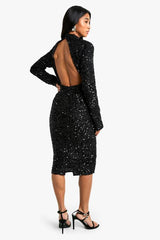 Petite Sequin Shoulder Pad Backless Midi Dress