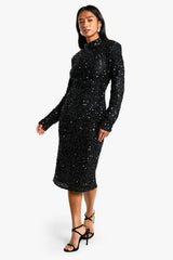 Petite Sequin Shoulder Pad Backless Midi Dress