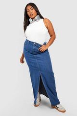 Plus Denim Split Front Maxi Skirt