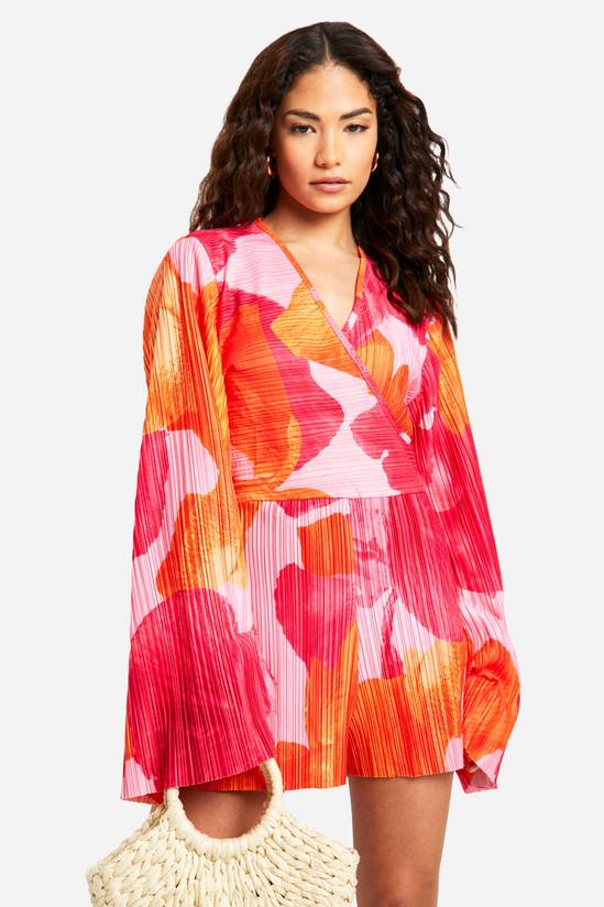 Petite Plisse Floral Printed Flare Sleeve Playsuit