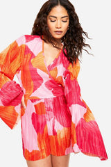 Petite Plisse Floral Printed Flare Sleeve Playsuit