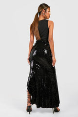 Sequin Ruched Front Split Maxi Skirt