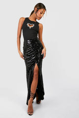 Sequin Ruched Front Split Maxi Skirt
