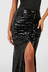 Sequin Ruched Front Split Maxi Skirt
