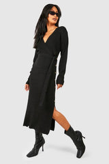 Button Detail Wrap Rib Midaxi Knitted Dress