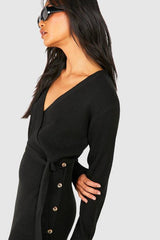 Button Detail Wrap Rib Midaxi Knitted Dress