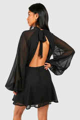 Petite High Neck Volume Sleeve Skater Dress