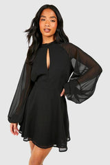 Petite High Neck Volume Sleeve Skater Dress