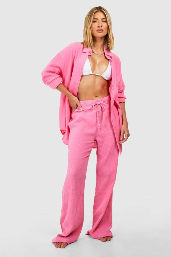 Crinkle Cotton Wide Leg Beach Trousers