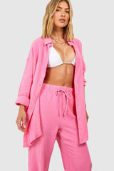 Crinkle Cotton Wide Leg Beach Trousers