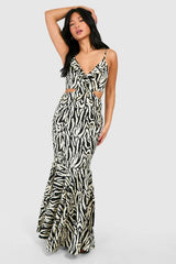 Petite Animal Print Ruffle Cut Out Maxi Dress