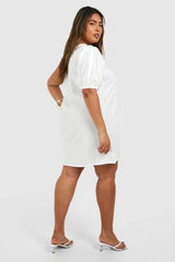 Plus Woven Embroidery Detail One Shoulder Mini Dress